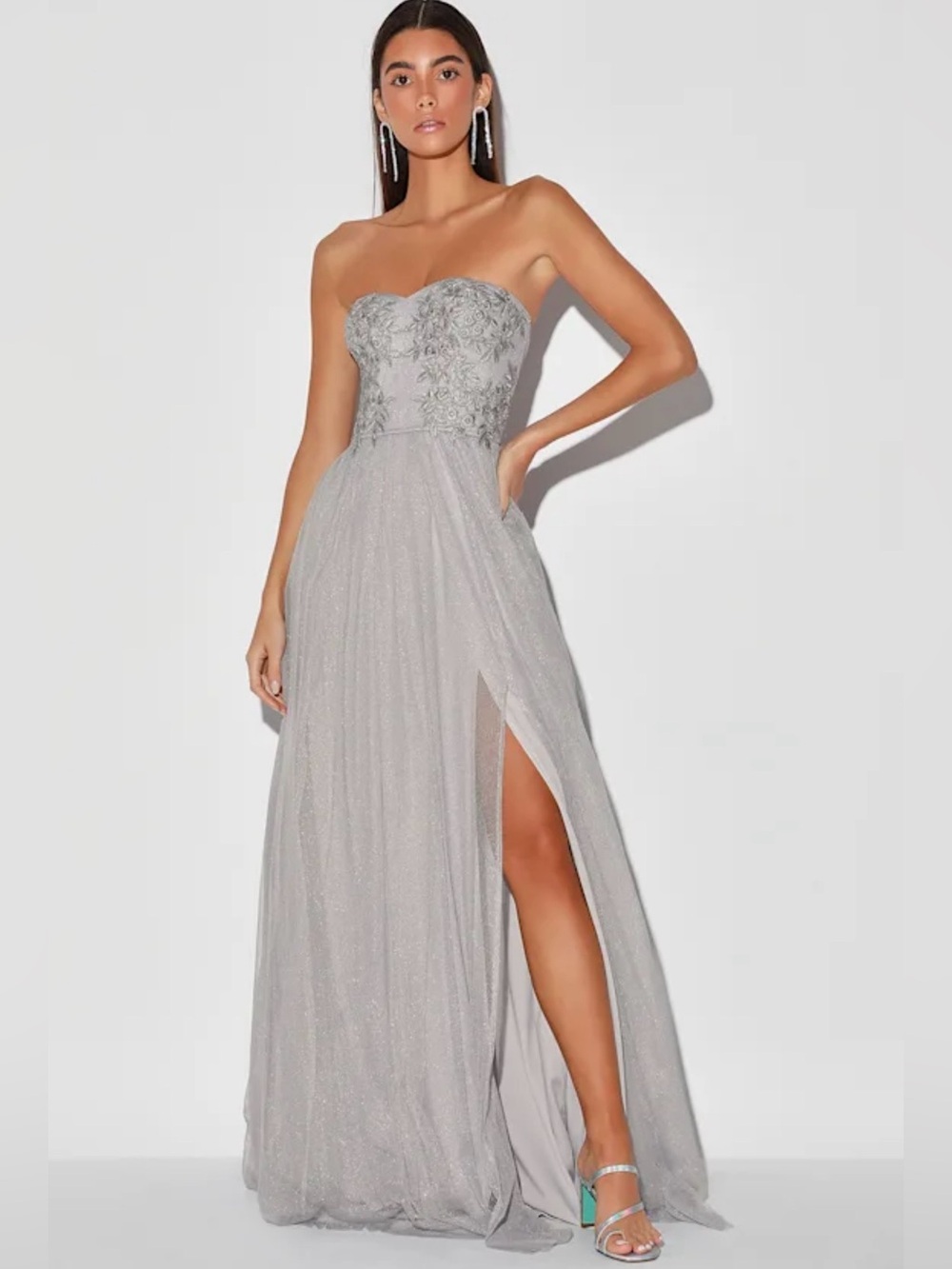 NWT Lulu's Midnight Dreamer Grey Strapless Sweetheart Evening Gown with slit xs